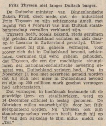 Fritz Thyssen, grootindustrieel, verlaat Duitsland
