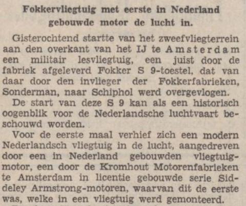 Vliegen met de 1ste in Holland gefabriceerde Fokker S9