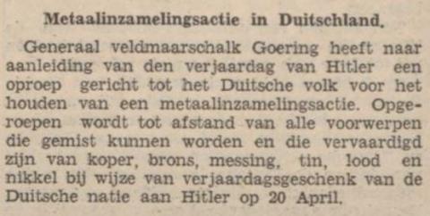 Nazi's starten inzameling metalen voor wapenindustrie