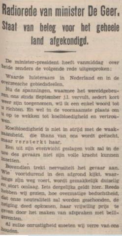 Staat van beleg afgekondigd door minister-president De Geer