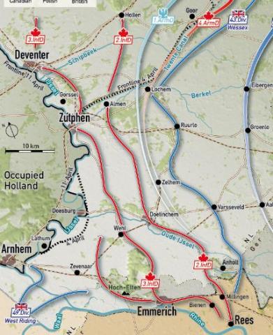 De rode Canadezen en blauwe Britten die gezamelijk optrekken naar het noorden