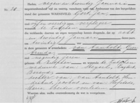 Uittreksel uit het overlijdensregister der Gemeente Warnsveld