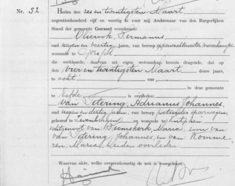 Uittreksel uit het overlijdensregister der Gemeente Gorrsel