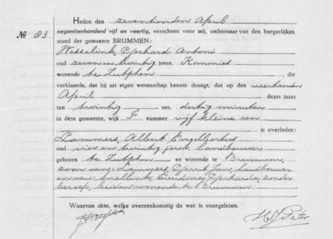 Uittreksel uit het overlijdensregister der gemeente Brummen