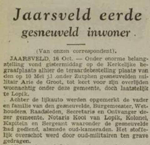 Krantenartikel over de begrafenis van Arie