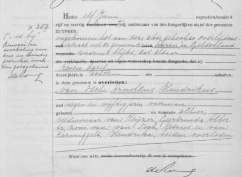 Uittreksel uit het overlijdensregister der Gemeente Zutphen