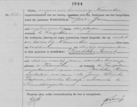 Uittreksel uit het overlijdensregister der Gemeente Warnsveld