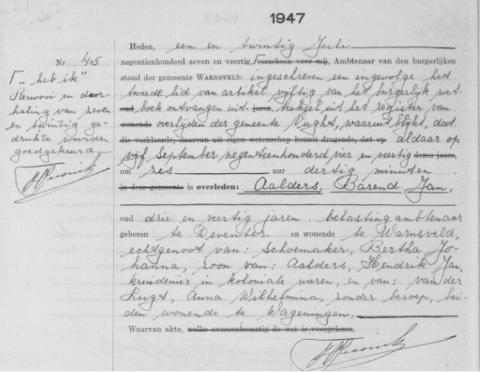 Uittreksel uit het overlijdensregister der gemeente Zutphen