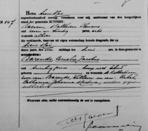 Uittreksel uit het overlijdensregister der Gemeente Zutphen