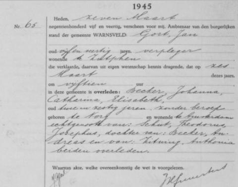 Uittreksel uit het overlijdensregister der Gemeente Warnsveld