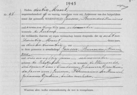 Uittreksel uit het overlijdensregister der Gemeente Warnsveld