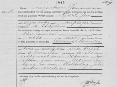 Uittreksel uit het overlijdensregister der Gemeente Warnsveld