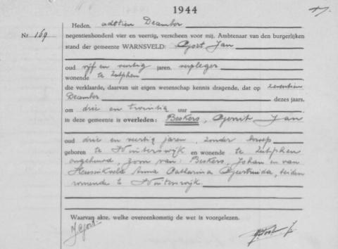 Uittreksel uit het overlijdensregister der Gemeente Warnsveld