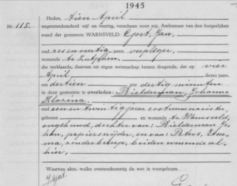 Uittreksel uit het overlijdensregister der Gemeente Warnsveld