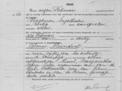 Uittreksel uit het Overlijdens Register der Gemeente Zutphen