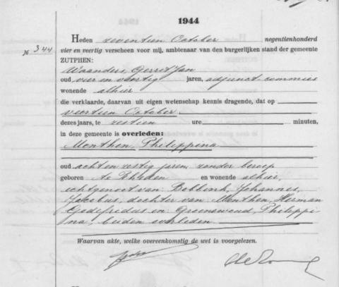 Uittreksel uit het overlijdensregister der gemeente Zutphen