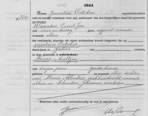 Uittreksel uit het overlijdensregister der gemeente Zutphen