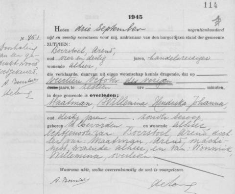 Uittreksel uit het overlijdensregister der Gemeente Zutphen