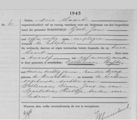 Uittreksel uit het overlijdensregister der Gemeente Warnsveld