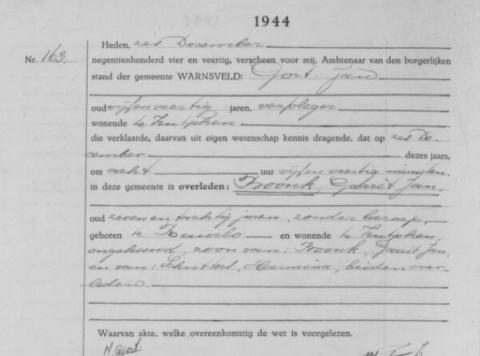 Uittreksel uit het overlijdensregister der Gemeente Warnsveld