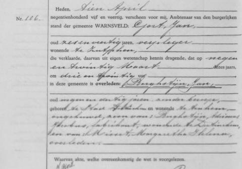 Uittreksel uit het overlijdensregister der Gemeente Warnsveld