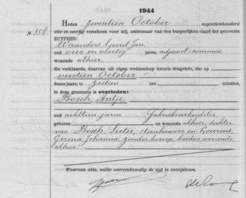 Uittreksel uit het overlijdensregister der gemeente Zutphen