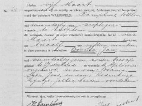 Uittreksel uit het overlijdensregister der Gemeente Warnsveld
