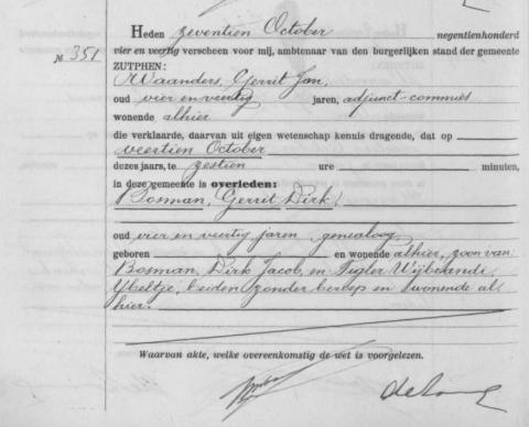 Uittreksel uit het overlijdensregister der gemeente Zutphen