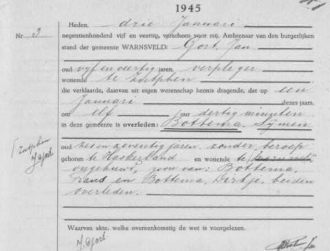 Uittreksel uit het overlijdensregister der Gemeente Warnsveld