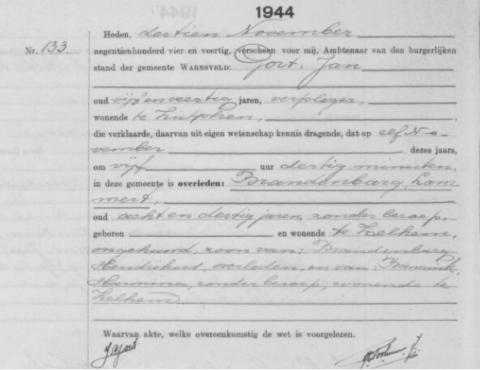 Uittreksel uit het overlijdensregister der Gemeente Warnsveld