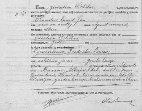 Uittreksel uit het overlijdensregister der gemeente Zutphen