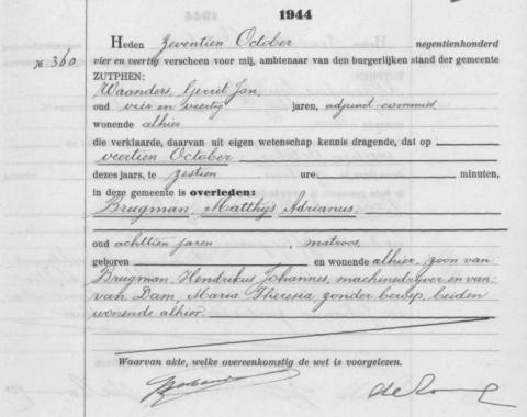 Uittreksel uit het overlijdensregister der gemeente Zutphen