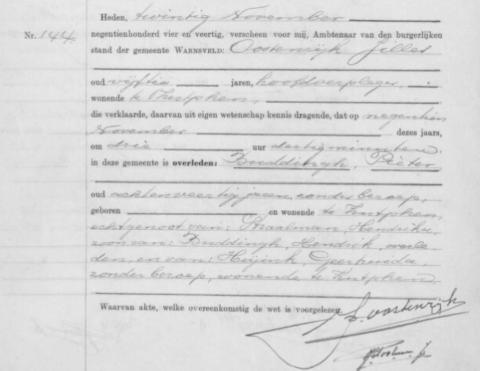 Uittreksel uit het Overlijdens Register der Gemeente Warnsveld