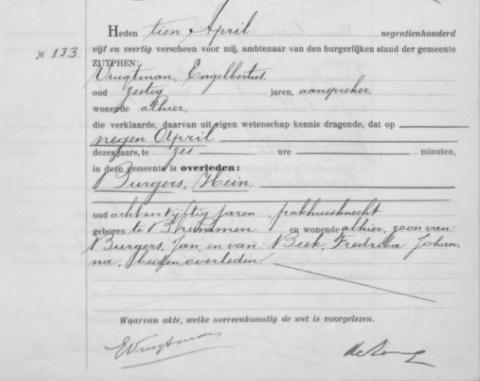 Uittreksel uit het overlijdensregister der Gemeente Zutphen