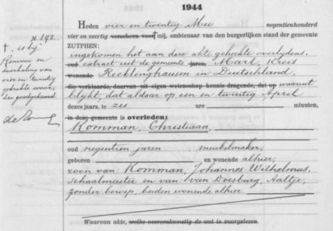 Uittreksel uit het overlijdensregister der Gemeente Zutphen