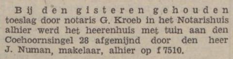 Coehoornsingel 28 verkocht voor 7.510,- gulden
