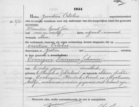Uittreksel uit het overlijdensregister der gemeente Zutphen