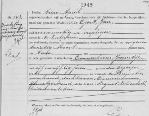 Uittreksel uit het overlijdensregister der Gemeente Warnsveld