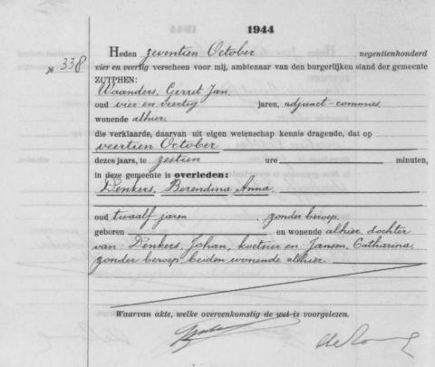 Uittreksel uit het overlijdensregister der Gemeente Zutphen