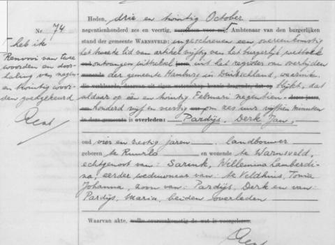 Uittreksel uit het overlijdensregister der Gemeente Warnsveld