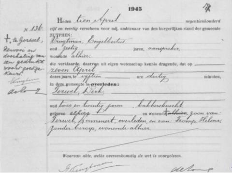 Uittreksel uit het overlijdensregister der Gemeente Zutphen