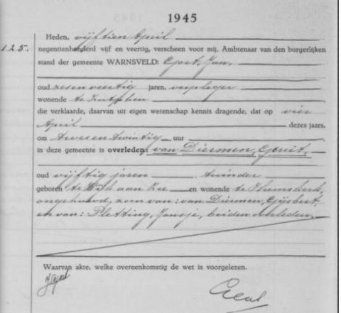 Uittreksel uit het overlijdensregister der Gemeente Warnsveld