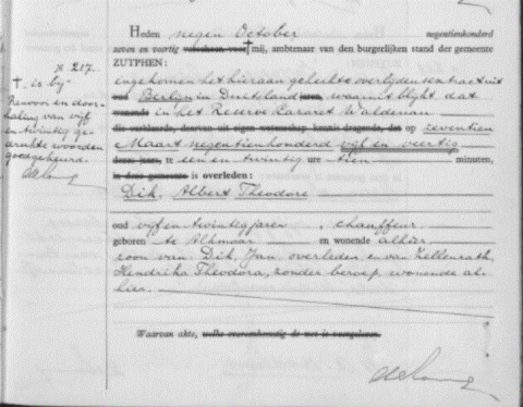 Uittreksel uit het overlijdensregister der Gemeente Zutphen