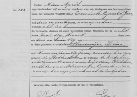 Uittreksel uit het overlijdensregister der Gemeente Warnsveld