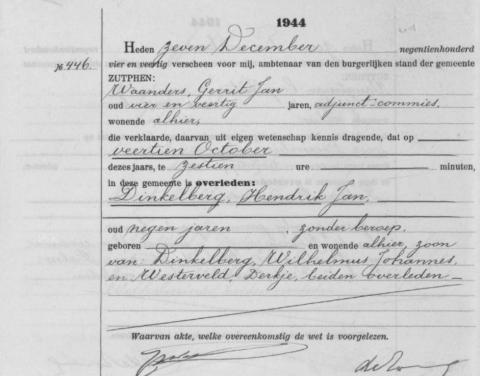 Uittreksel uit het overlijdensregister der Gemeente Zutphen
