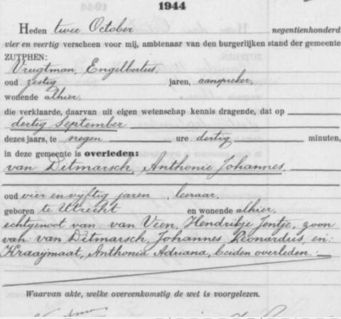 Uittreksel uit het overlijdensregister der Gemeente Zutphen