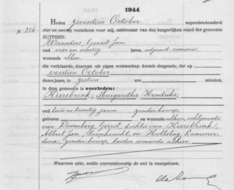 Uittreksel uit het overlijdensregister der Gemeente Zutphen