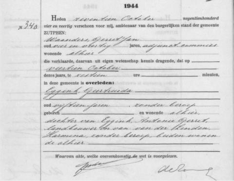 Uittreksel uit het overlijdensregister der Gemeente Zutphen