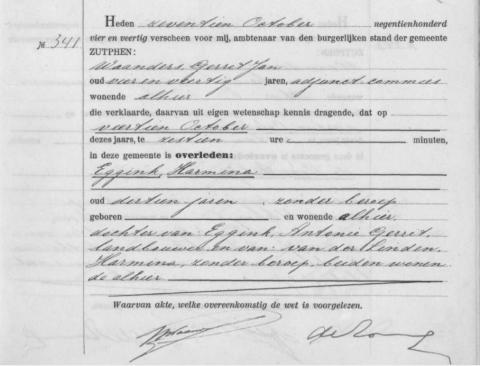 Uittreksel uit het overlijdensregister der Gemeente Zutphen