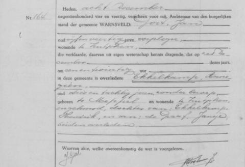 Uittreksel uit het overlijdensregister der Gemeente Warnsveld